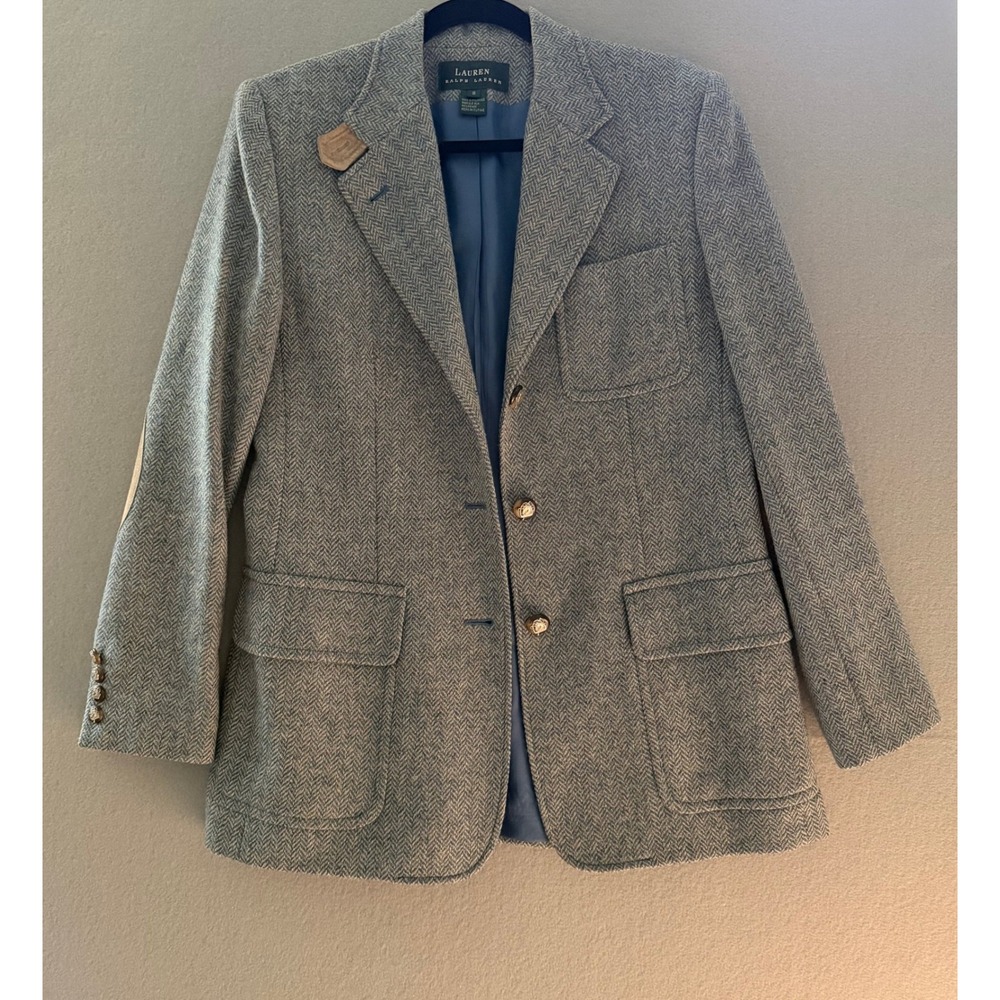 Vtg Lauren Ralph Lauren Herringbone Equestrian Blazer Suede Elbow Patch Women 8